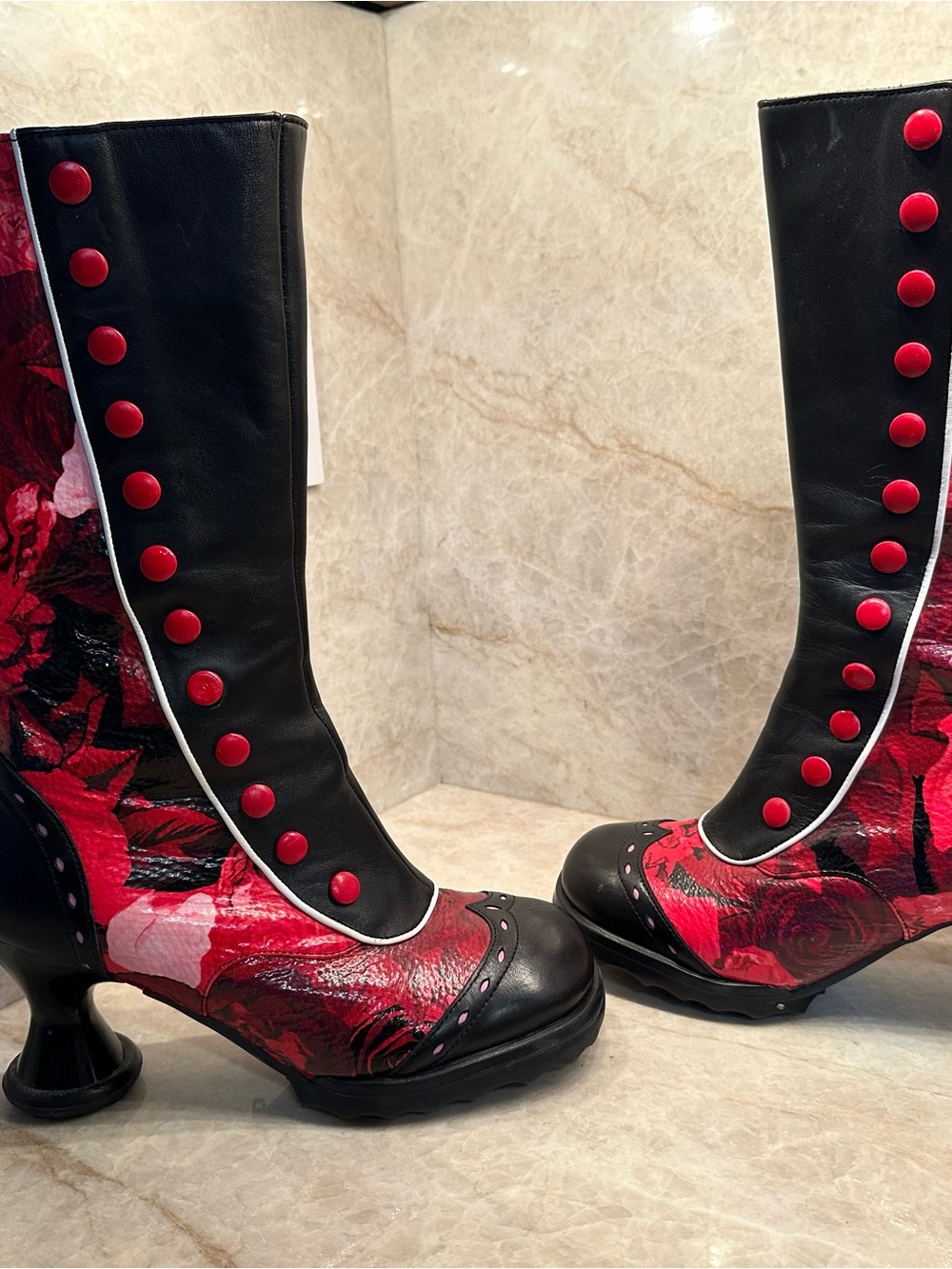 Fluevog Babycakes. Black and Red Floral — Women's Statement Boots - Picture 9 of 12